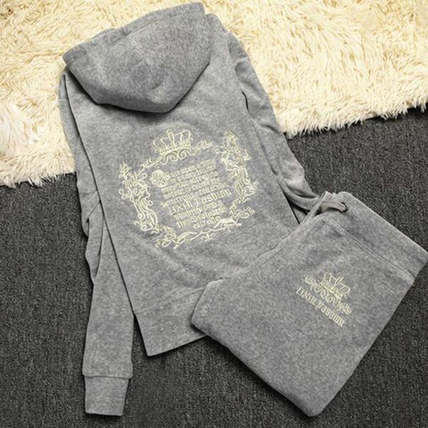 

plus size s -xxxl spring women tracksuits 9 colors crowne pattern embroidery velvet suit women 's clothing moleton female trend, Gray