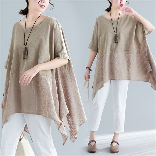 

2020 summer clothes artistic solid color irregular pendulum t-shirt fat mm slim comfortable round collar female, White