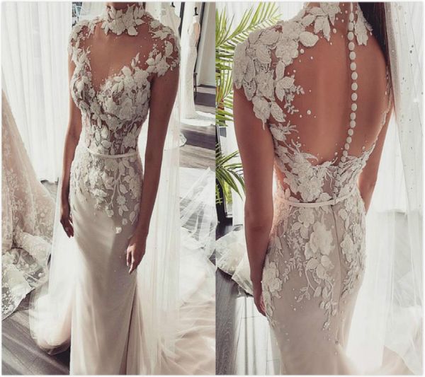 

illusion boho wedding dresses mermaid high neck short sleeves floral lace bohemian wedding dresses with pearls button sheer back bride, White