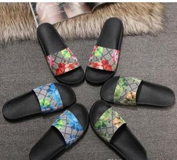 

slippers rubber slide sandal floral brocade men slipper gear bottoms flip flops women striped beach causal slipper with box size:35-45, Black