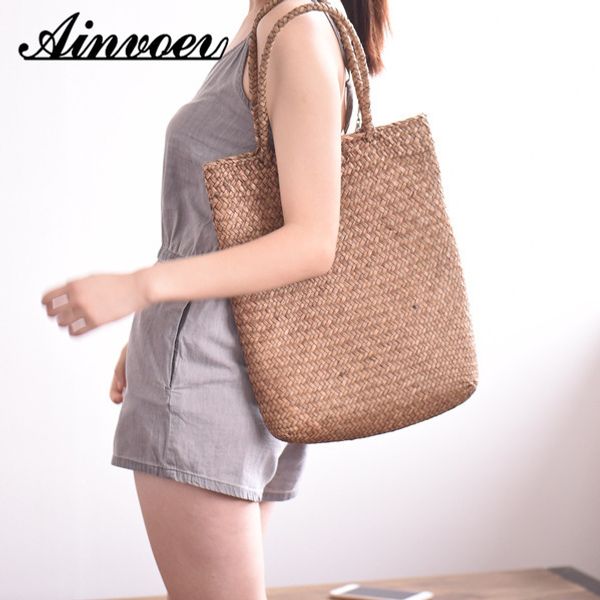

ainvoev women shoulder bag new women handbag straw large capacity totes summer beach bag rattan woven handmade knitted