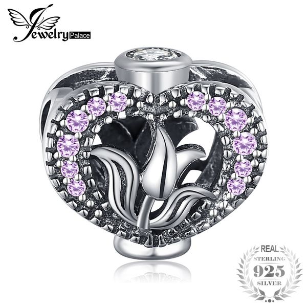 

jewelrypalace 925 sterling silver pink cubic zirconia hollow flower vase charm beads fit bracelets for women as beautiful gifts, Blue;slivery