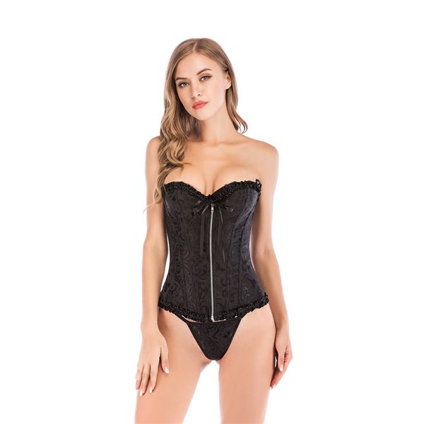 

lingerie push up overbust corsets and bustiers with g-string zipper black waist trainer gothic corselet steampunk corset, Black;white