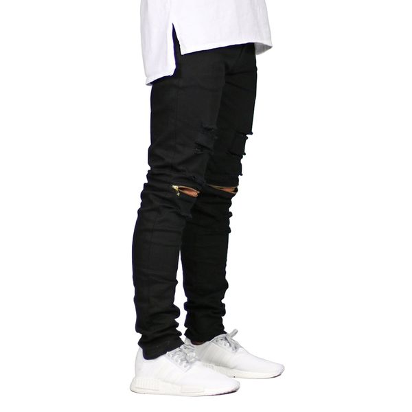 

men skinny jeans ripped design fashion biker stretch jeans zippers destroyed hip hop e5019, Blue