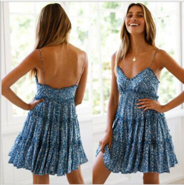 

explosion models european and american women's sling print dress seaside vacation beach short skirt, Black;gray