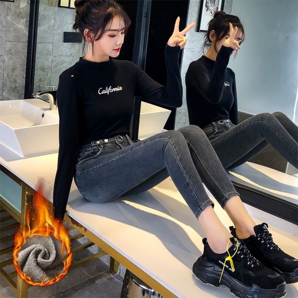 

distressed jeans black high waist jeans feet womens clothing ankle-length pants skinny high street plus velvet pencil pants, Blue