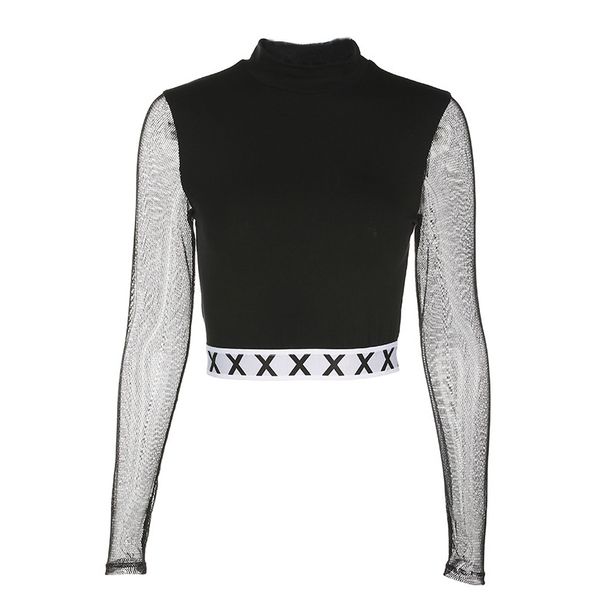 

fashion autumn mesh long sleeve crop turtleneck punk kpop t shirt women black short t-shirt asts20216, White
