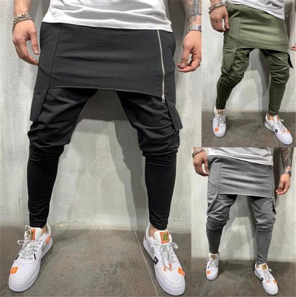 

sweatpants designer male skinny trousers double layer men joggers pants zipper streetwear hiphop harem pants homme long, Black
