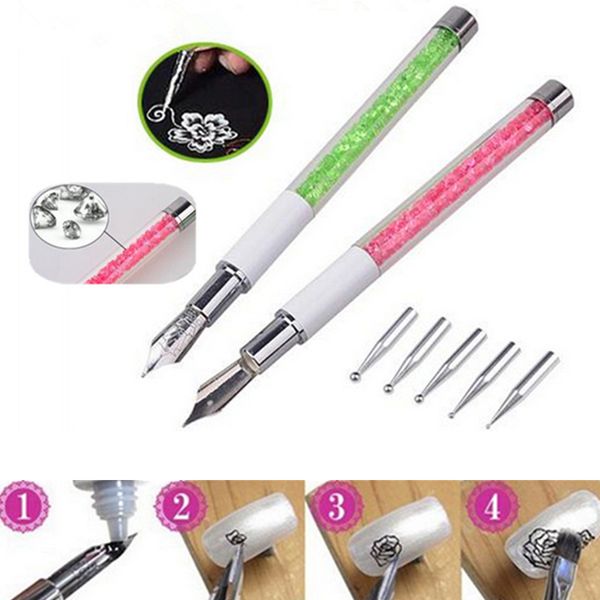 

nail art pen brush 5 dotting head nib rhinestone crystal metal tips painting drawing manicure tool 88