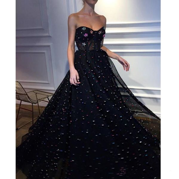 

coloful beaded strapless black long prom dresses sleeveless ruffle elegant formal party gowns custom made evening dress robes de soiree, Black;red
