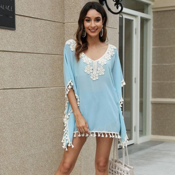 

women pom pom trim kaftan chiffon tassels swimwear beach loose bikini cover up beach blouse dropshipping, White