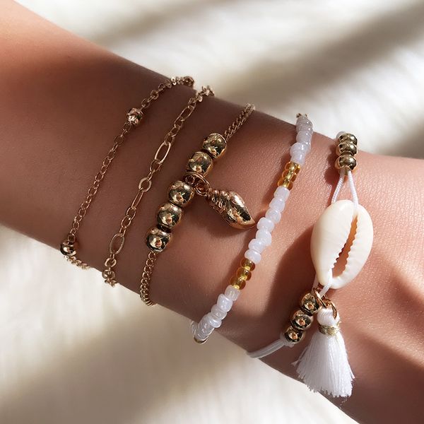 

new bohemian style bracelet for women casual creative shell and tassel pendant alloy beaded multiple bracelet female, Black