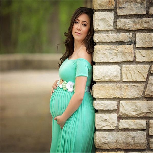 

pregnant woman elastic force dress cotton trailing long skirt solid ccolor short sleeve shoulderless waist flower skirt 15, White