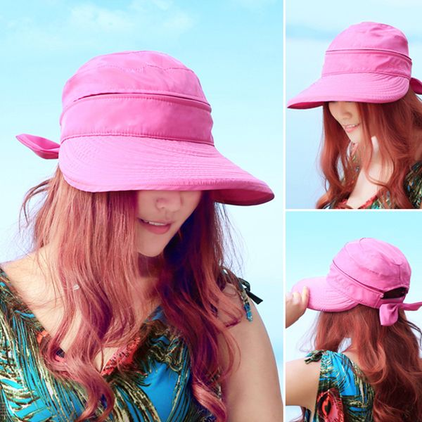 

korean style hiking bowknot visors outdoor sun hat fashion ladies solid foldable cap summer beach practical travel, Blue;gray