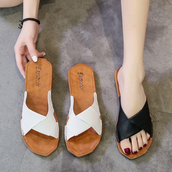 

summer brand new flat bottom one word crossover fashion comfortable casual indoor and outdoor wear wild beach breathable sandals, Black