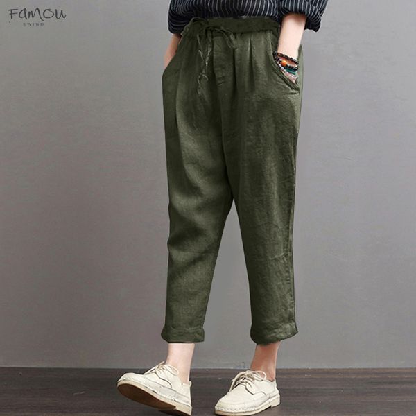 

Plus 5Xl Size Cotton Pants For Women Elastic High Waist Lace Up Summer Casual Trousers Large Size Lady Flare Pockets Autumn Pants