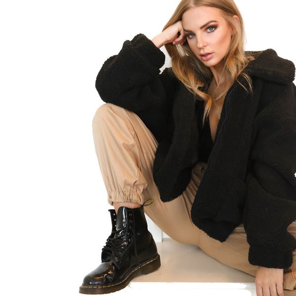 

новая мода осень fuzzy искусственного меха медвежонок куртки пальто способа женщин открыть с капюшоном пальто женщина с длинным рукавом карм, Black;brown