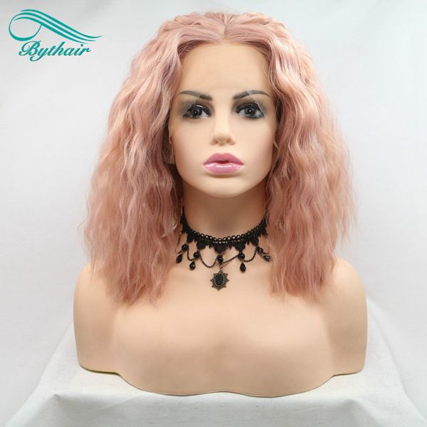 Parrucche Bythair capelli rosa oro rosa onda profonda parrucche anteriori in pizzo sintetico rosa parrucche corte in fibra resistente al calore per parrucca da ragazza