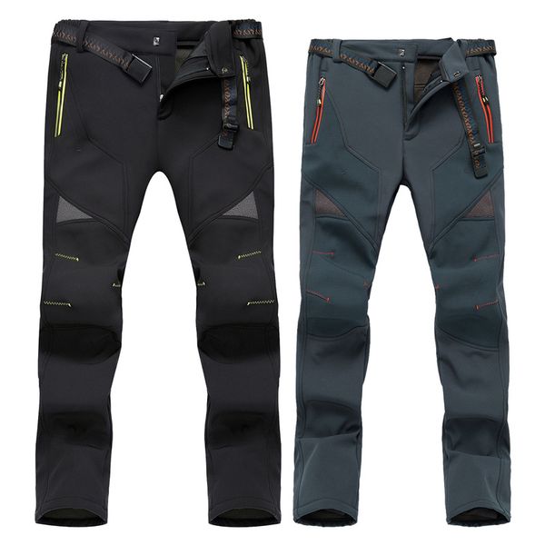 

man women winter fishing waterproof camping trekking fleece outdoor sport trouser climbing skiing softshell travel hiking pant, Black;green
