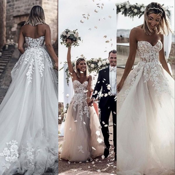 

boho summer beach new wedding dresses a line sweetheart tulle lace appliques backless sweep train plus size simple formal bridal gowns, White