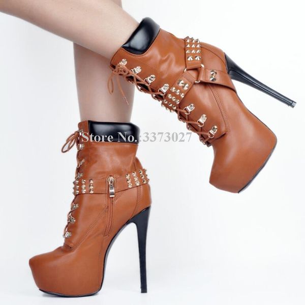 

woman brown leather rivets platform ankle boots fashion lace-up stiletto heel studs short boots lady design banquet shoes, Black