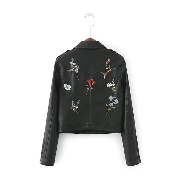 

2019 women's spring new style western style fold-down collar oblique zipper embroidered women's cool leather coat cropped jacket, Black;brown