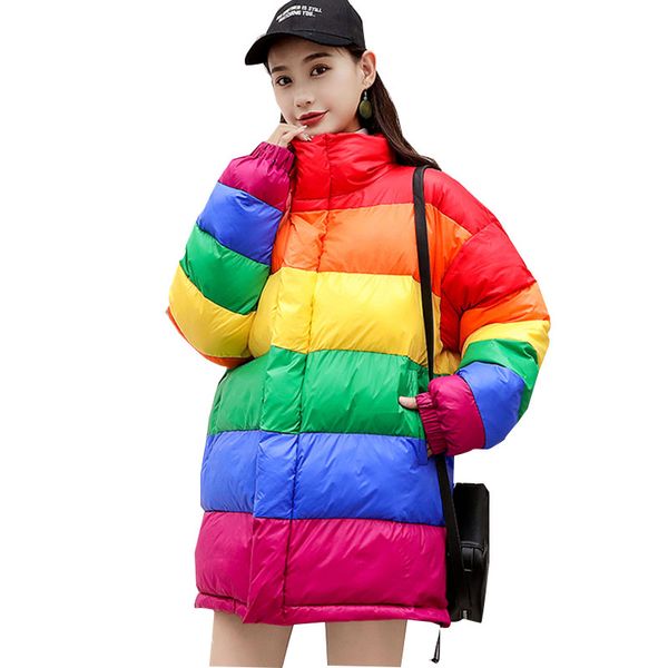

long duck down coat winter jacket women cotton down jacket rainbow candy color striped outwear student loose ladies coats parka, Black