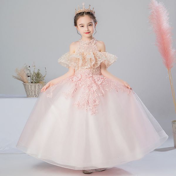 

arabic 2019floral lace flower girl dresses ball gowns pink child pageant gowns long train beautiful little kids first holy communion dresses, White;red