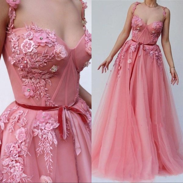 

fuchsia pink flowers appliques spaghetti straps prom dresses a line evening dresses tulle long arabic prom gowns, Black