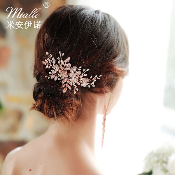 

handmade rose gold tiara hair combs pink crystal rhinestone headbands wedding hair accessories bridal headpiece fashion jewelry, Golden;white