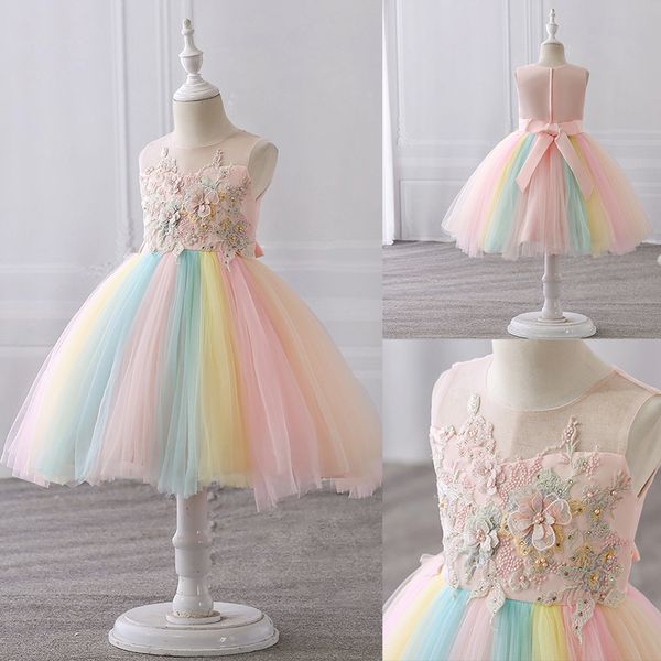 

fancy floral beading unicorn dress princess halloween carnival ball gown children christmas party clothing kids dresses for girl, Red;yellow