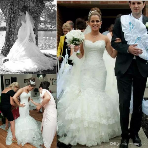 

sweetheart neckline lace mermaid wedding dresses with lace appliques lace up back tulle skirt bridal gowns, White