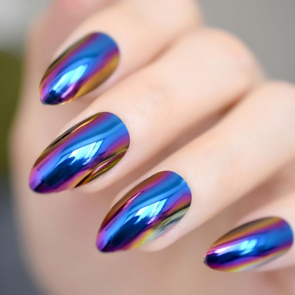 

fashion mirror chrome holo blue oval fake stiletto nails tips reflection false nail magic mirror effect almond fake nails, Red;gold