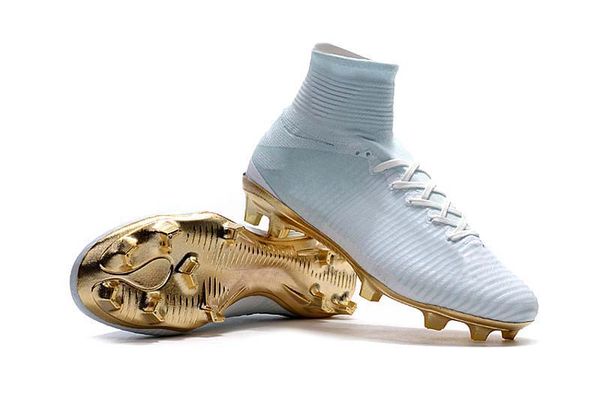 

mens/woman/kids football boots superfly v tf/ic/fg soccer shoes ronaldo cr7 fg white and gold soccer cleat