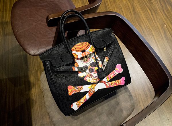 

rock army peace skull graffiti original design genuine leather women bags women handbags painting hand drawing real cowskin quality