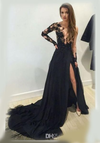 

2020 new black long sleeves formal evening dress slim fit side split prom party gowns train length custom made elegant prom dresses, Black;red