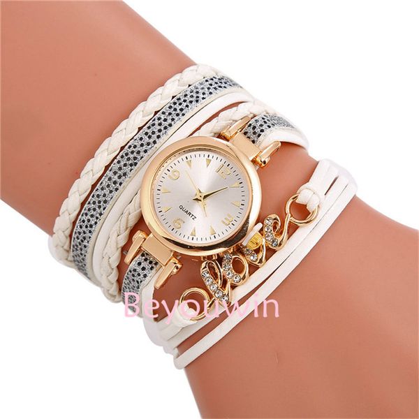 

100pcs/lot fashion wrap around leather watch for women love pendant crystal bracelet leather watch for girl lady wholesale, Slivery;brown