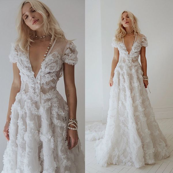 

2020 gorgeous wedding dresses long sleeve beads hand made flowers lace a line bridal gowns sweep train wedding dresses, White