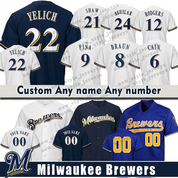 

Custom Milwaukee Men Brewers 22 Christian Yelich 19 Robin Yount 12 Aaron Rodgers 3 Orlando Arcia 24 Jesus Aguilar Baseball Jerseys