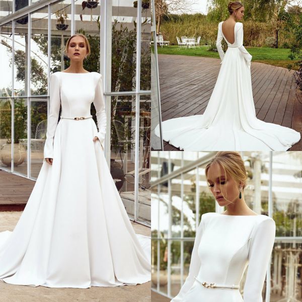 

new julie vino wedding dresses long sleeve bateau simply bridal gowns backless sweep train beach wedding dress, White