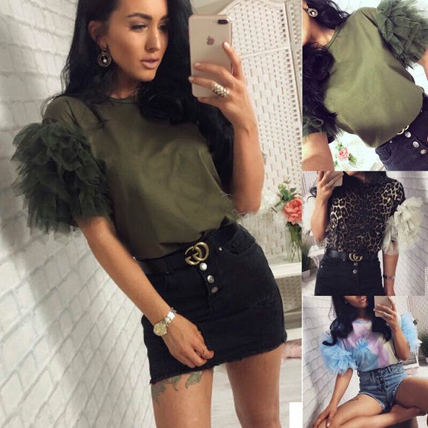 

womens summer tulle ruffle short sleeves t shirt ladies o neck loose casual patchwork tees, White