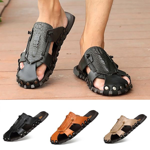 

men's hollow out leather beach breathable flat shoes slippers shoes xin1, Black