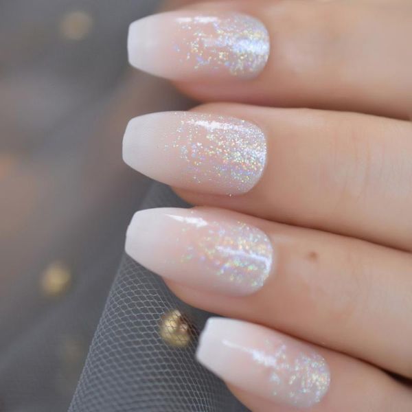Coffin French Ombre Glitter Star Nails Gradeint Ballet Nude Silver Powder Fake Nails Classic Acrylic Gel Pre Designed False Nail Kiss False Nails