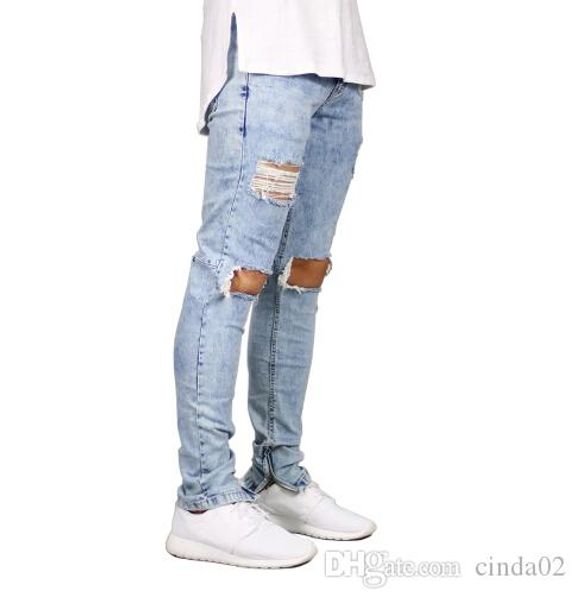 

мужские джинсы стрейч разрушил разорвал дизайн мода лодыжки молния узкие джинсы для мужчин, Blue