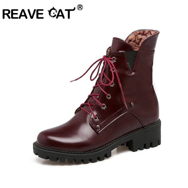 

reave cat big size 43 shoes women ankle boots m round toe block square heels leather lace up cross-tied booties winter autumn, Black