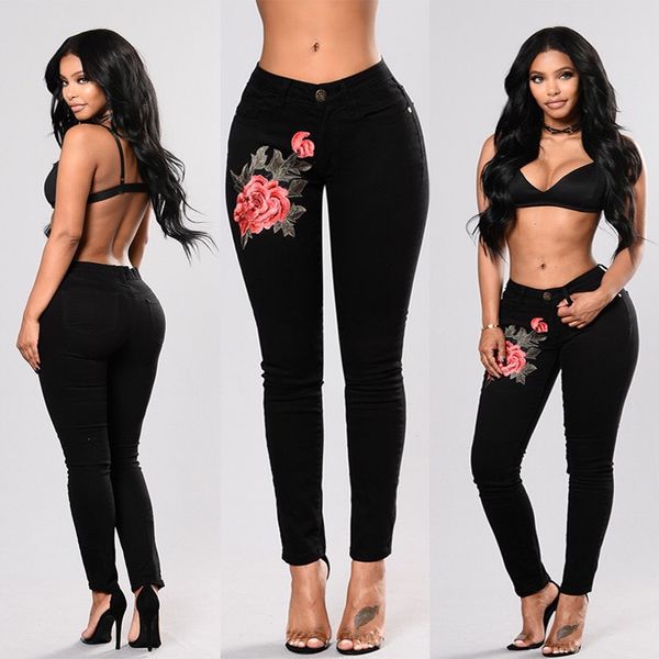 

flower embroidered black jeans pant women elastic jean pencil denim pant female skinny pantalon femme bottom trouser, Blue