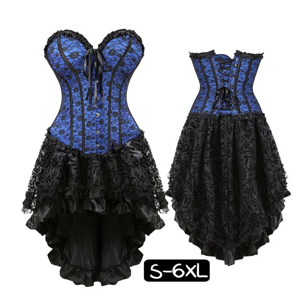 

womens lace bow plus szie 6xl steampunk gothic corset dress bustier shapewear party costume petticoat skirts with g-string, Black;white