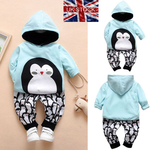 

toddler baby autumn outfits long sleeve hooded penguin + pant clothes 2pcs, White
