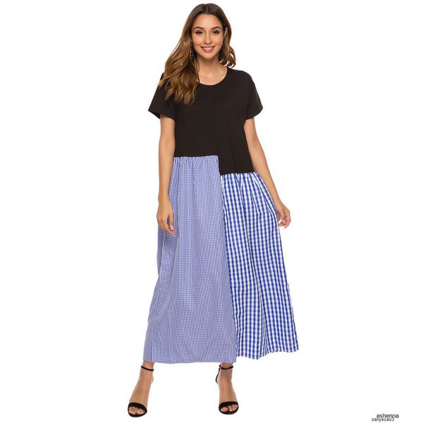 

womens designer plaid stitching a- line large size dress6oxuh, Black;gray
