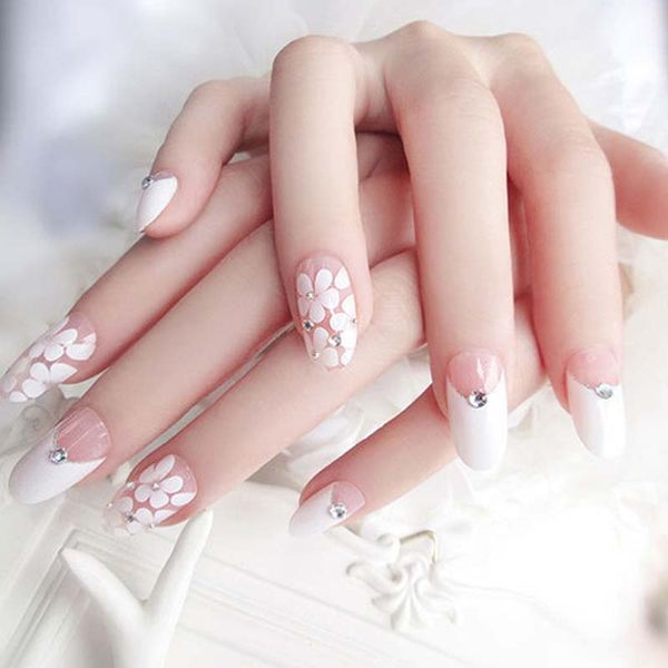 

24 pcs/set full nails tips with glue girls cute flower false nails wedding bride shining rhinestone long nail art decoration, Red;gold